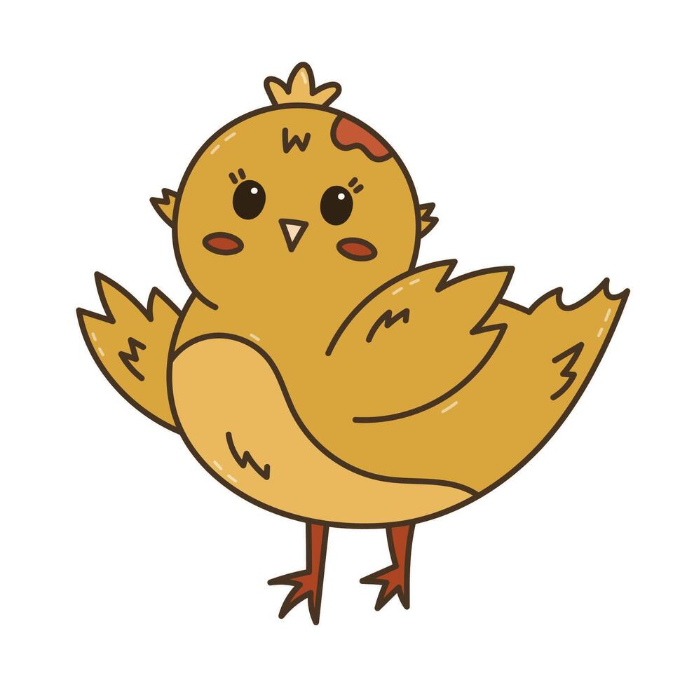 Lovely doodle Easter chick character waving hello with wings. Coloured hand drawn baby chicken as symbol of Easter, springtime, nature beginnings. Funny farm bird, poultry isolated on background. vector