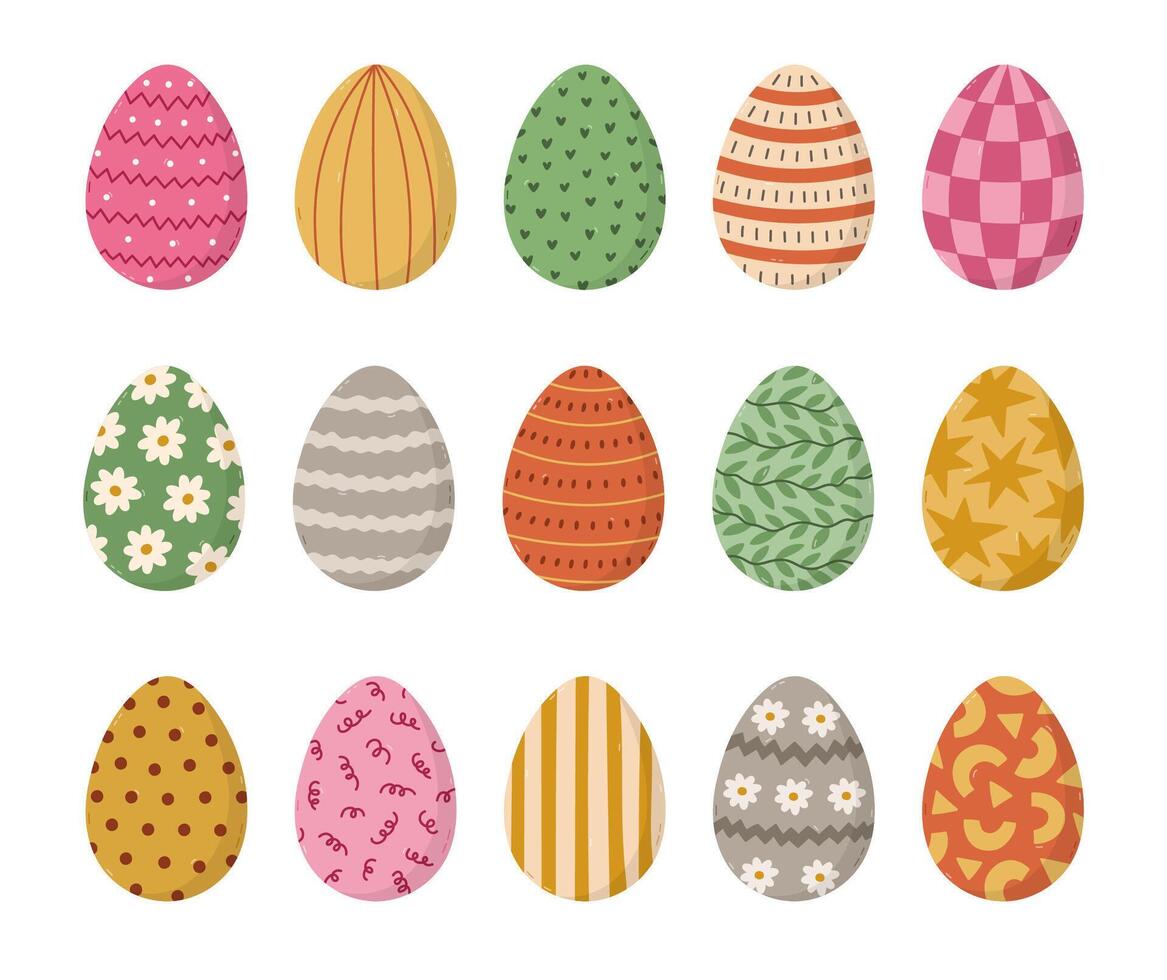Big cartoon set with lovely Easter egg with geometric, abstract, swirl, flower, striped, checked, polka dot. Hand drawn symbol of Easter egg hunt. Cute painted doodle of isolated on background. vector