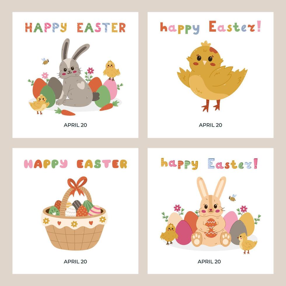 Lovely set with square banners for Happy Easter Day with illustration with furry bunny at meadow, basket full of bright Easter egg, funny chick. Simple colorful poster for seasonal spring carnival. vector