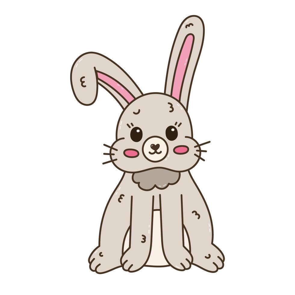 Lovely Easter bunny doodle with bent down ear smiling. Childish hand drawn furry rabbit as symbol of Easter egg hunt at traditional spring holiday. Spring sticker for print, graphic design, media. vector