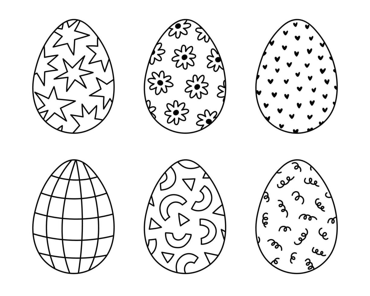Lovely doodle set of painted Easter egg with star, checkered, heart, geometric, swirl pattern. Black and white hand drawn symbol of Easter egg hunt, religious springtime carnival isolated on white vector