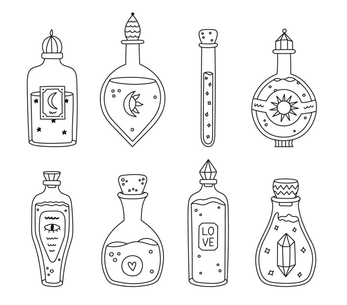 Lovely line doodle set with magic potion in different flasks, labels, vintage lid. Love potion, magical liquid of sun energy, luck, poison. Wizard boho jars. Cute vials for witchcraft, alchemist. vector