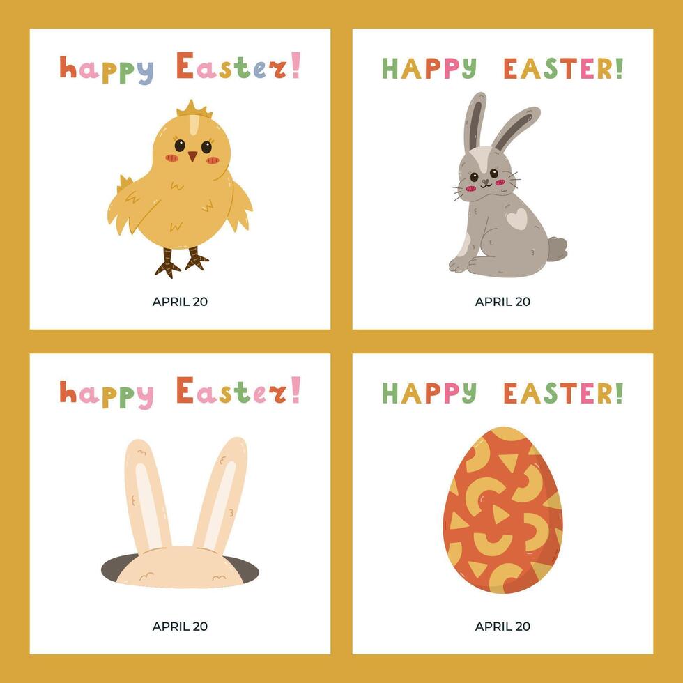 Lovely set with square banners for Happy Easter Day with illustration with cute baby chick, fluffy bunny, hole with hiding rabbit ear, painted Easter egg. Simple poster for religious spring holiday. vector