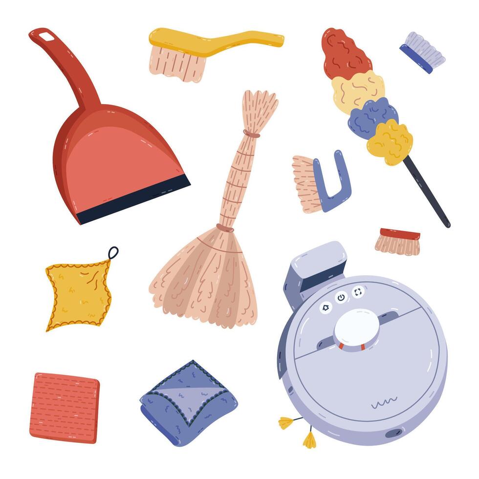 Childish cartoon set with sanitation and hygiene supply. Hand drawn robot vacuum cleaner, feather duster, broom, dustpan, different rags and cloth. Wet and dry cleaning collection isolated on white. vector