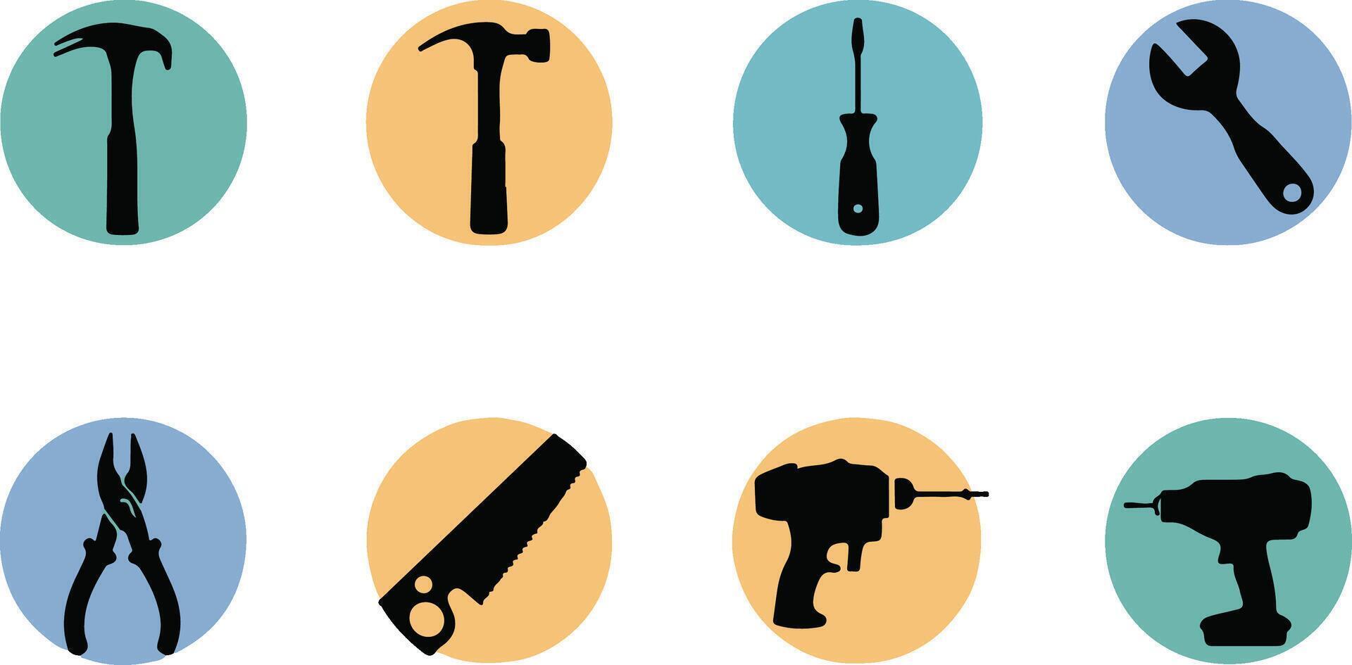 A set of iconic hardware tools silhouette illustration featuring essential repair and construction tools vector