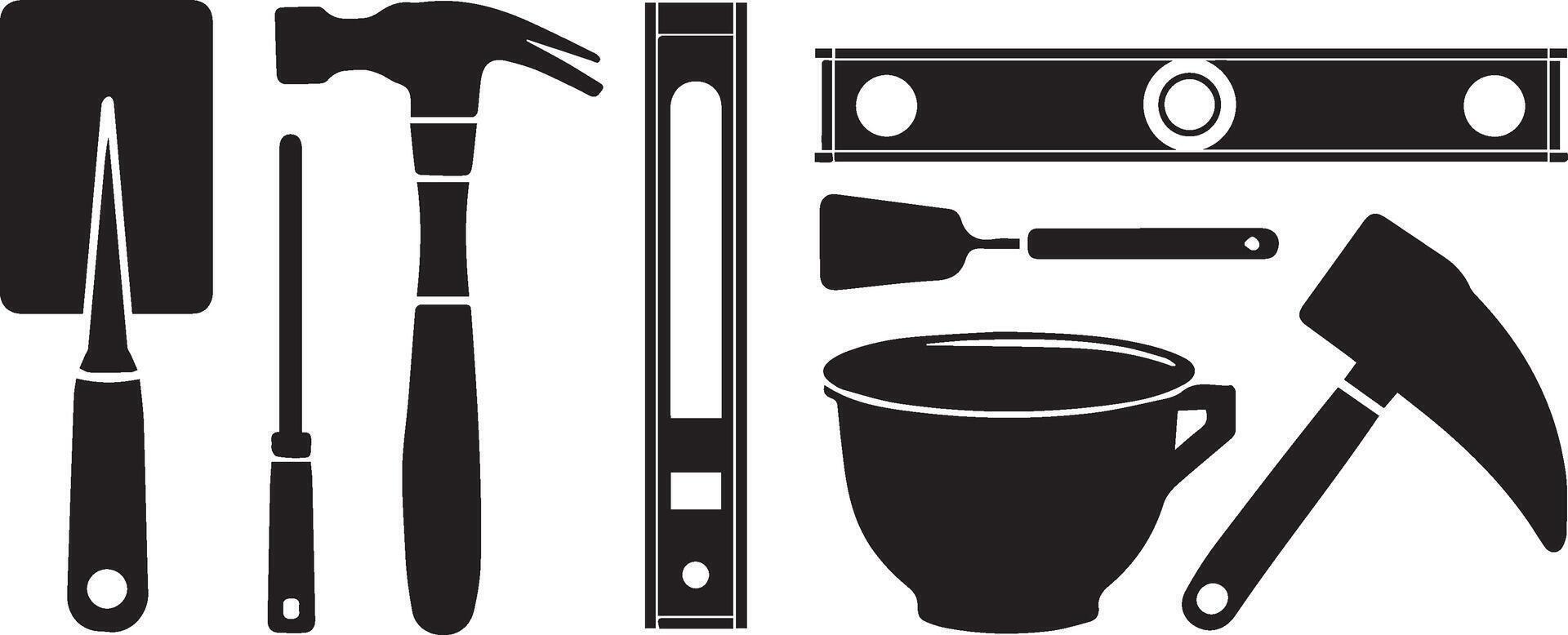 A detailed masonry tools set silhouette illustration featuring essential construction tools. vector
