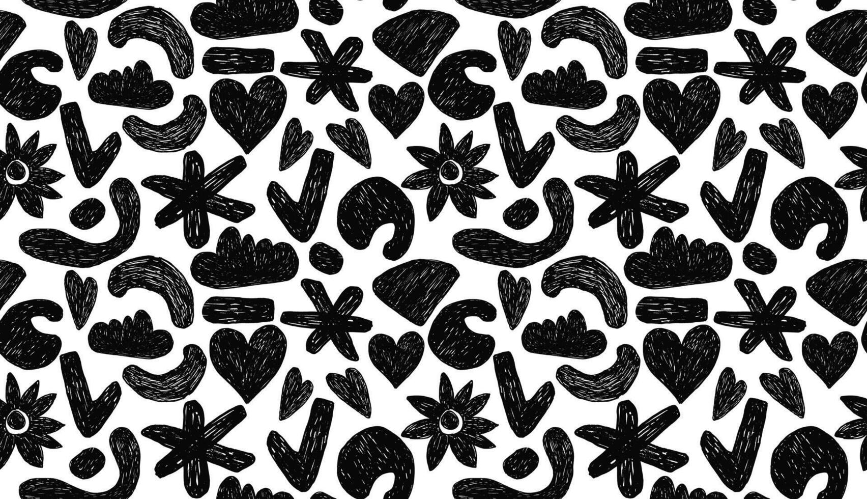 Fun retro seamless pattern with bold geometric bizarre shapes in trendy crayon drawing style. Bold pencil abstract shapes forming a pattern. Trendy black and white design vector