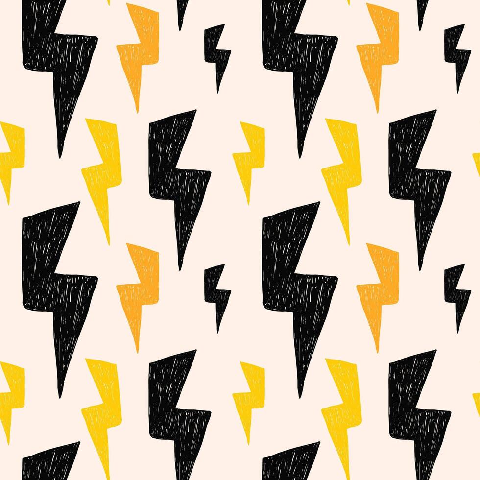 Pencil seamless pattern with bold groovy thunder lightning bolts. Fun bold crayon drawn thunder shapes pattern. vector