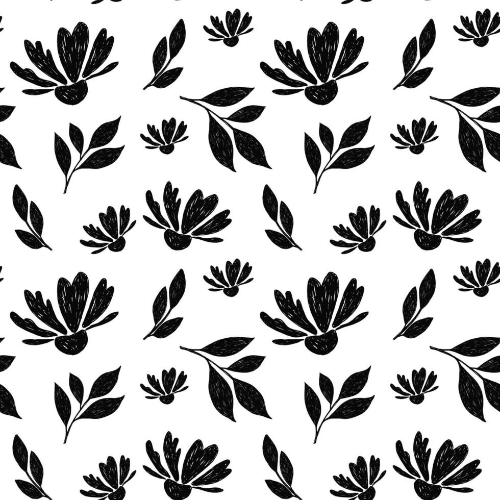 Elegant seamless pattern with spring flowers and plants in trendy pencil, crayon drawing style. Black bold crayon floral shapes pattern. Drawn manual on paper vector