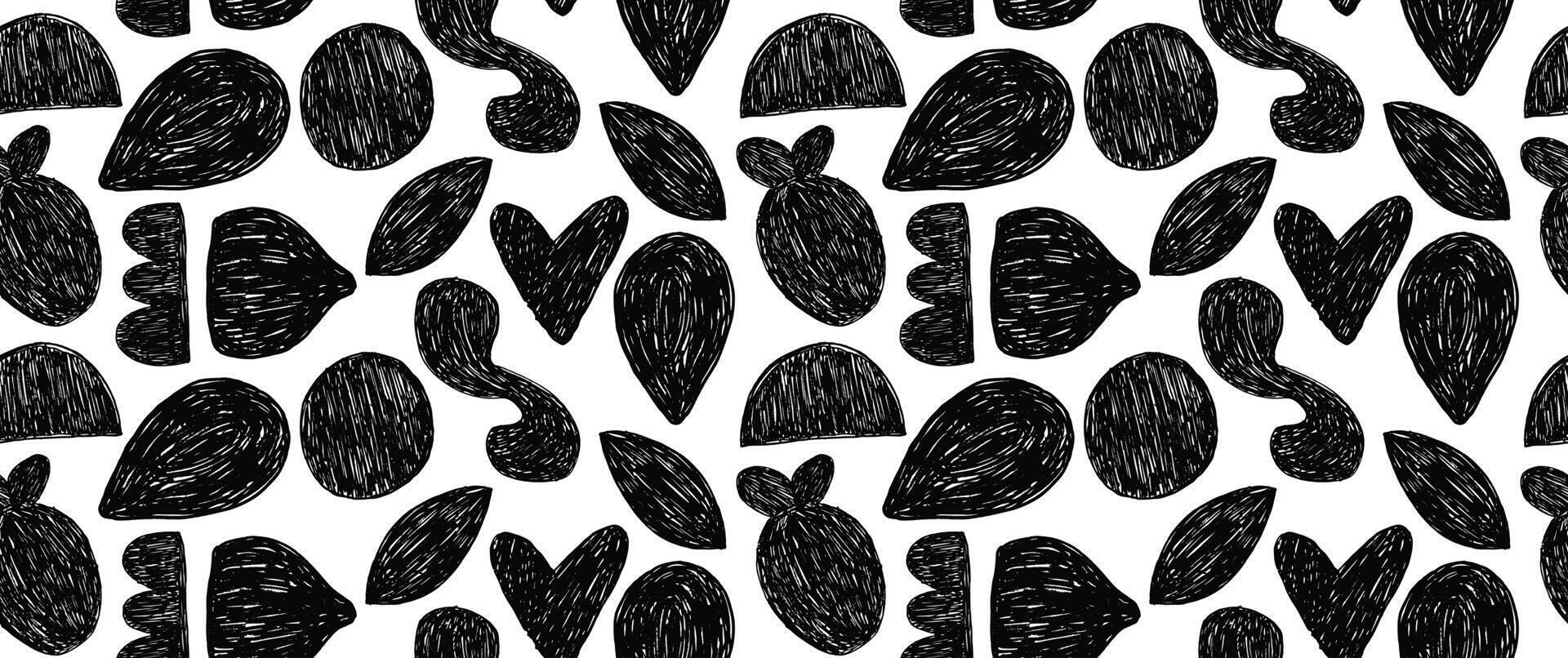 Groovy seamless pattern with bold geometric bizarre shapes in trendy crayon drawing style. Bold pencil abstract shapes forming a pattern. Trendy black and white design vector