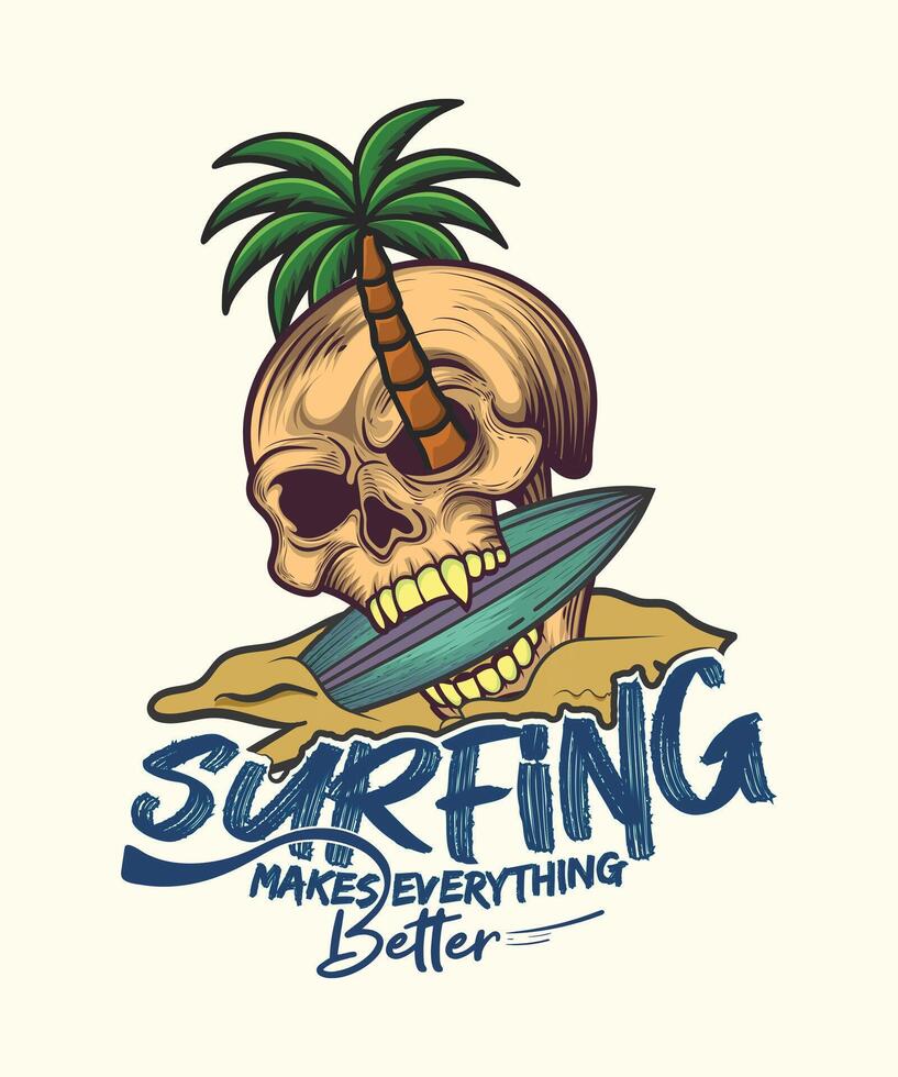 Surfing makes everything better summer beach skull t-shirt design. vector