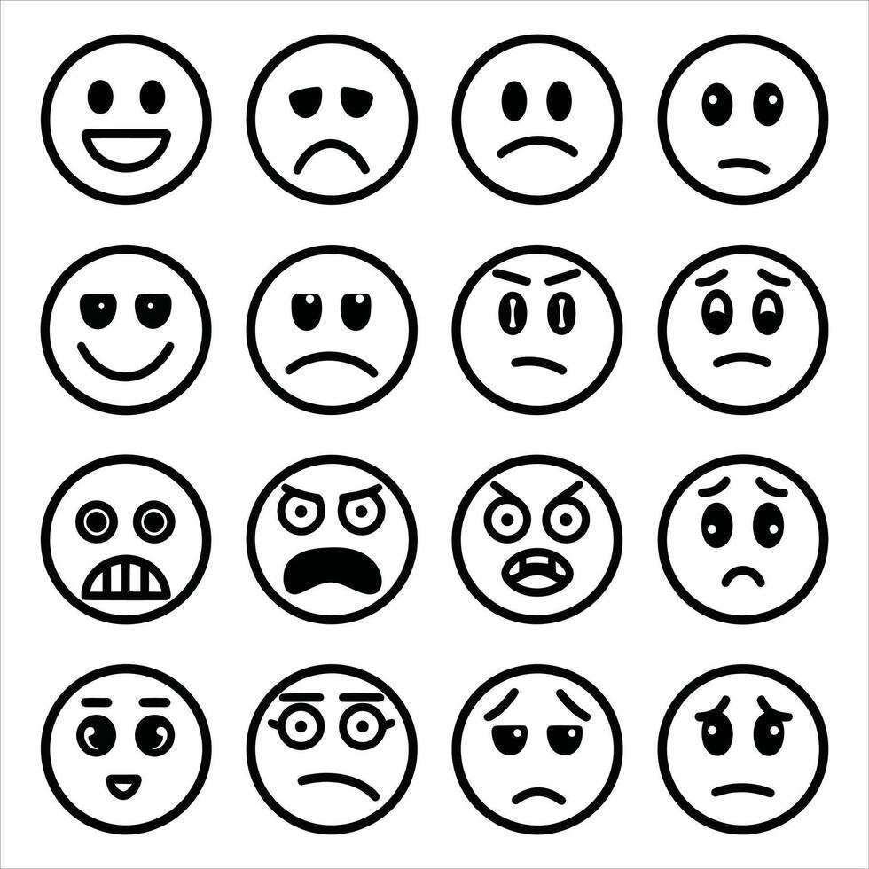 Set of different emoticons showing various facial expressions in black and white vector