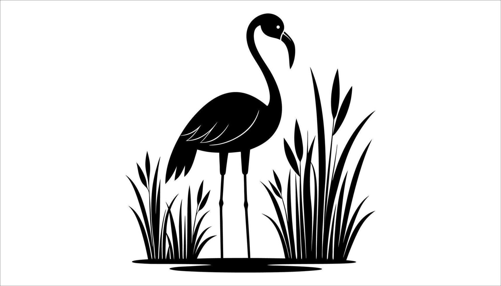 Silhouette of Flamingo Standing with Tall Grass Design vector