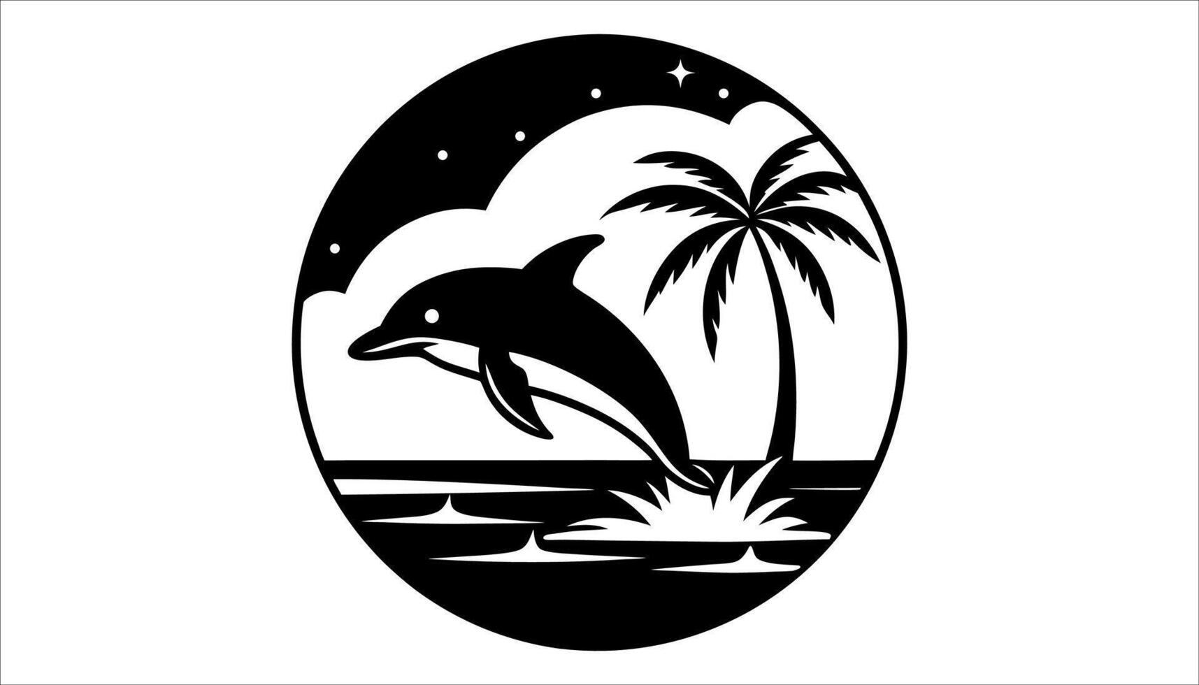 Tropical Dolphin Design with Palm Tree Black and White Silhouette vector