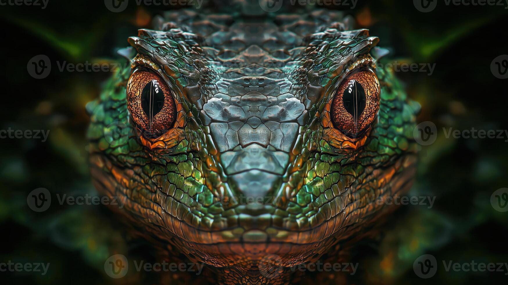 close-up of green reptile with striking yellow eyes, intricate scales photo