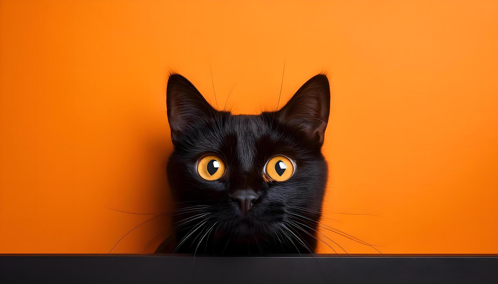 A completely black cat His head popped out in the middle of the picture. with an orange background photo