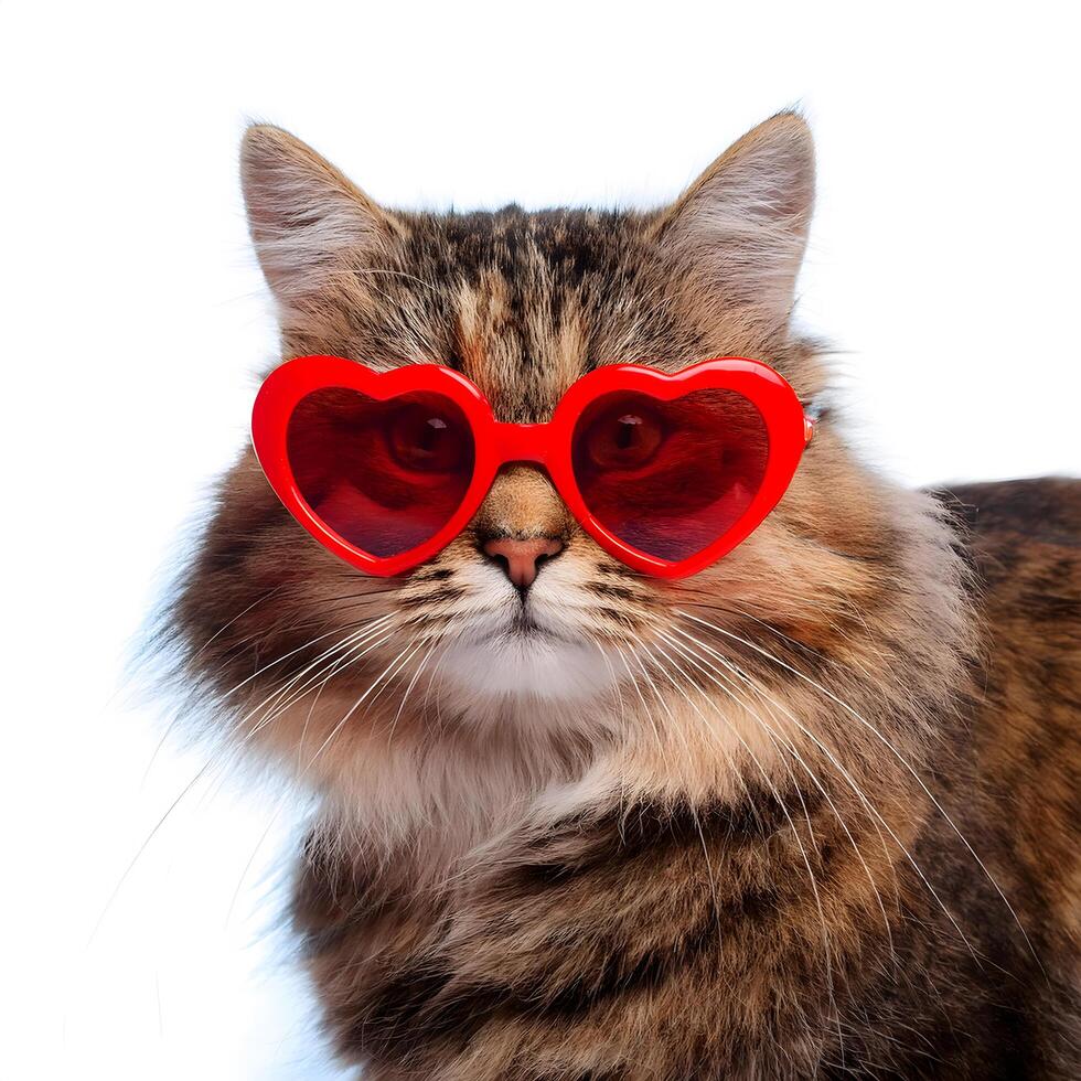 A fluffy cat stands alone wearing heart-shaped red sunglasses on white background. photo
