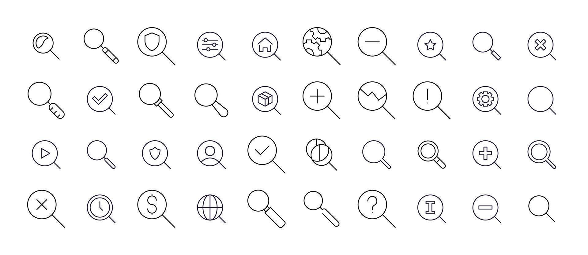 Magnifying Glass Thin Line Icon Set. Outline Signs for Graphic and Web Design, Apps, Adverts, Various Cards vector