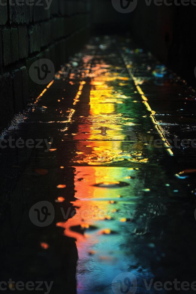 Rainy Night Rainbow Reflection Alleyway photo