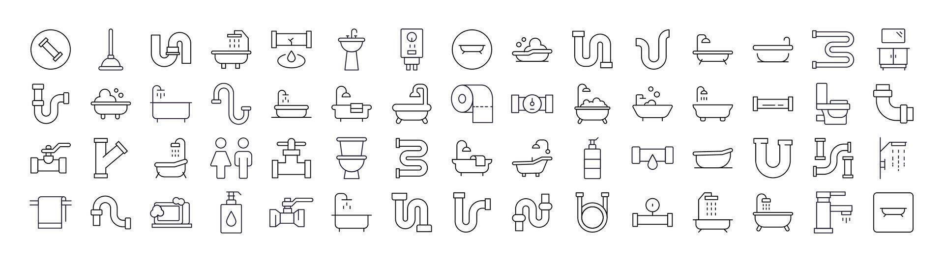 Set of Line Icons of Faucet, Pipes, Bathroom, Toilet. Minimalistic Linear Pictogram for Web and Graphic Design, Apps, Banners, Social Network and Cards vector