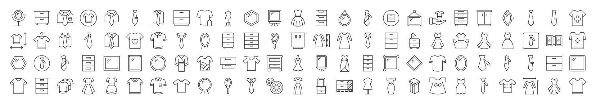 Bundle of Line Icons of Closet, Wardrobe, Mirror, Dress, T Shirt. Editable Stroke. Minimalistic Linear Pictogram for Design of Cards, Apps, Banners, Posts vector