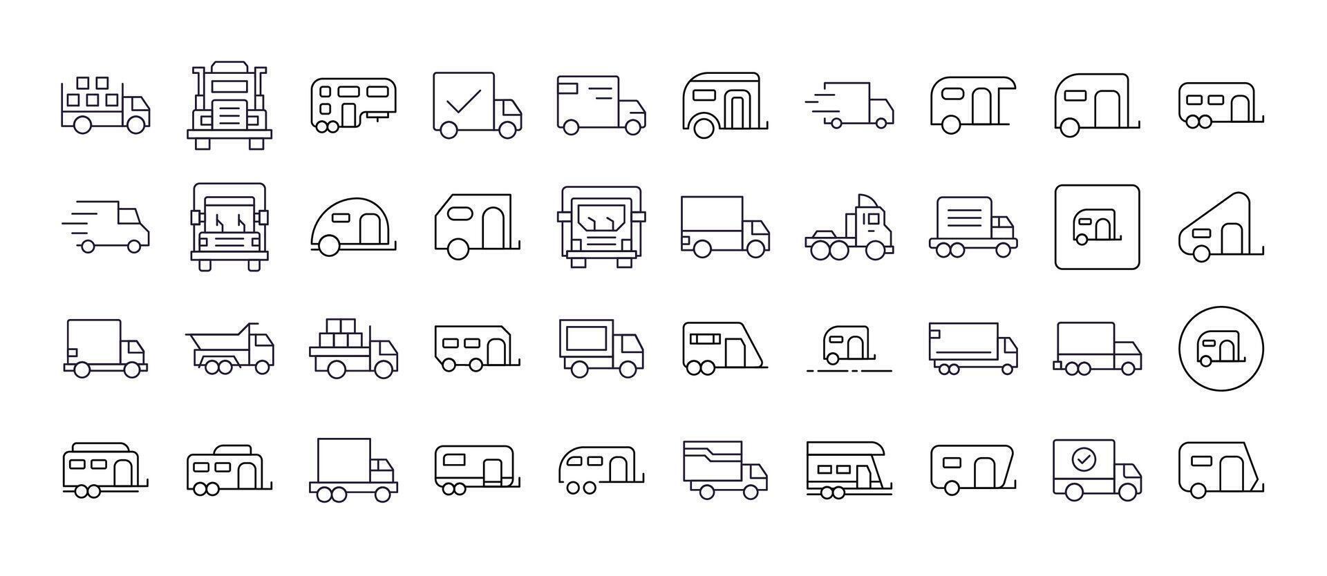 Truck and Motor Home Line Icon Bundle. Outline Signs for Graphic and Web Design, Apps, Adverts, Various Cards vector