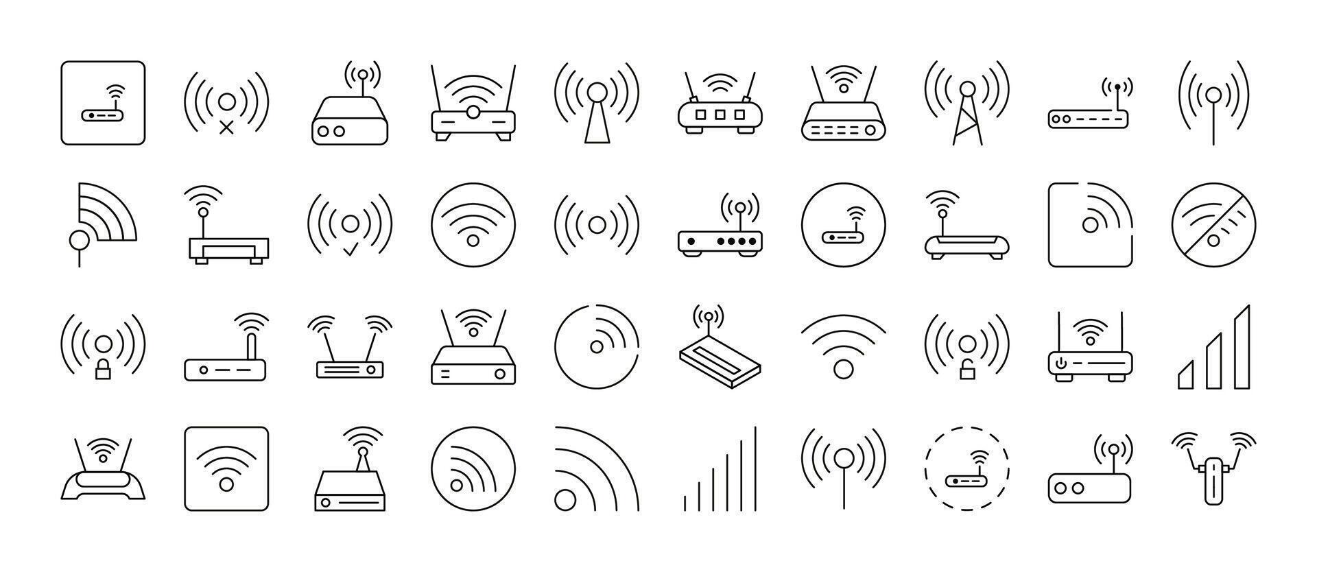 WiFi and Router Line Icon Bundle. Outline Signs for Graphic and Web Design, Apps, Adverts, Various Cards vector