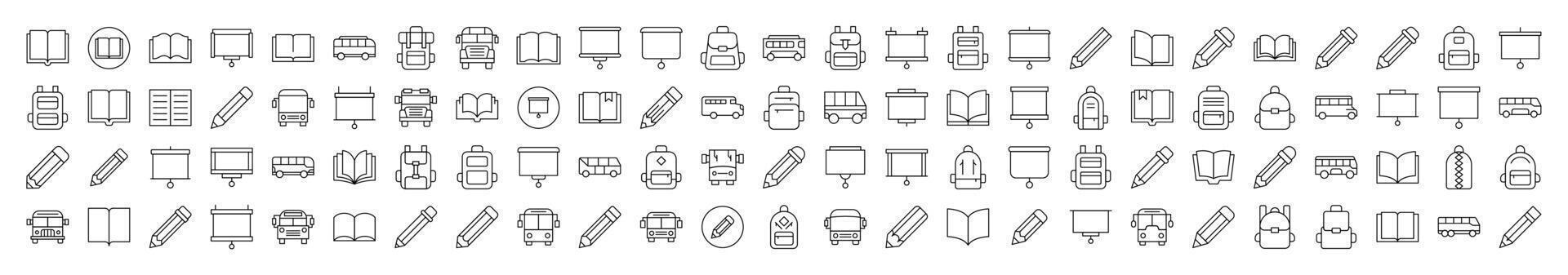 Bundle of Line Icons of Pen, Presentation Board, Bus, School Bag, Book. Editable Stroke. Minimalistic Linear Pictogram for Design of Cards, Apps, Banners, Posts vector