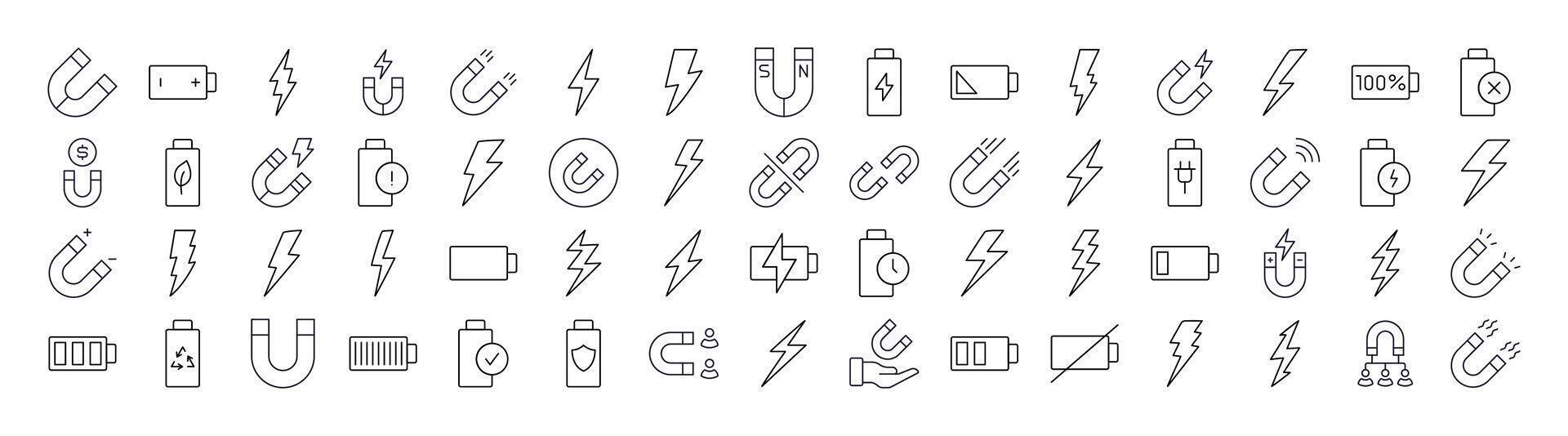 Magnet, Battery, Lightning Modern Outline Style Icons for Design, Cards, Apps, Social Networks vector