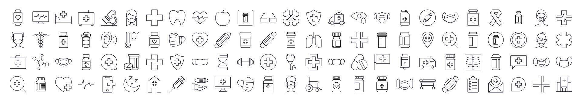 Medicine and Healthcare Line Icon Set. Modern Collection for Design, Web Sites, Apps, Cards. Contains Linear Images of Organs, Medical Cross, Pills vector