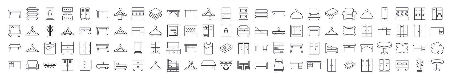 Furniture Icon Pack. Contains Icons of Bed, Table, Mattress, Coat Hook that Can Be Used for Design of Cards, Posts, Apps, Web Sites vector