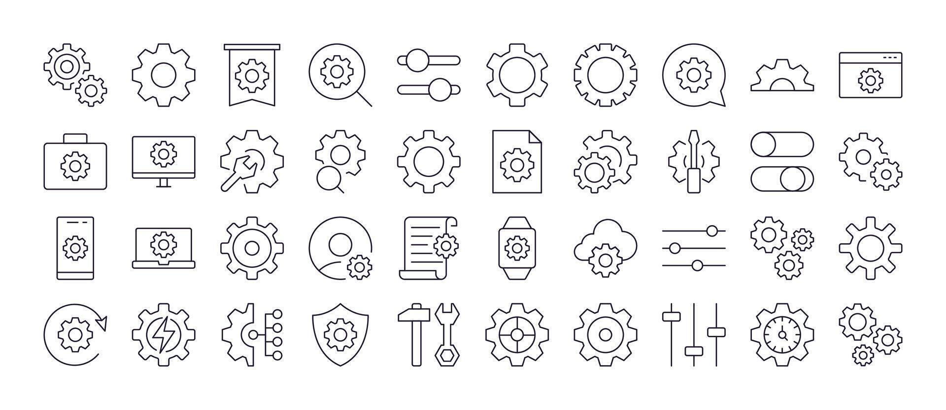 Cogwheel and Gear Related Line Icons for Web Sites, Books, Cards, Apps. Editable Stroke. Perfect for Web Sites, Books, Cards, Apps vector