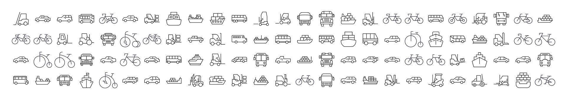 Bus, Ship, Tractor, Bicycle, Car Related Line Icons for Web Sites, Books, Cards, Apps. Editable Stroke. Perfect for Web Sites, Books, Cards, Apps vector