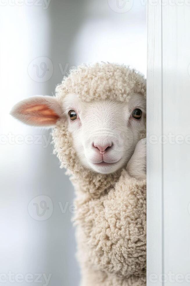 Inquisitive lamb peeks from behind a partition, innocent gaze, soft wool texture, portrait, photo