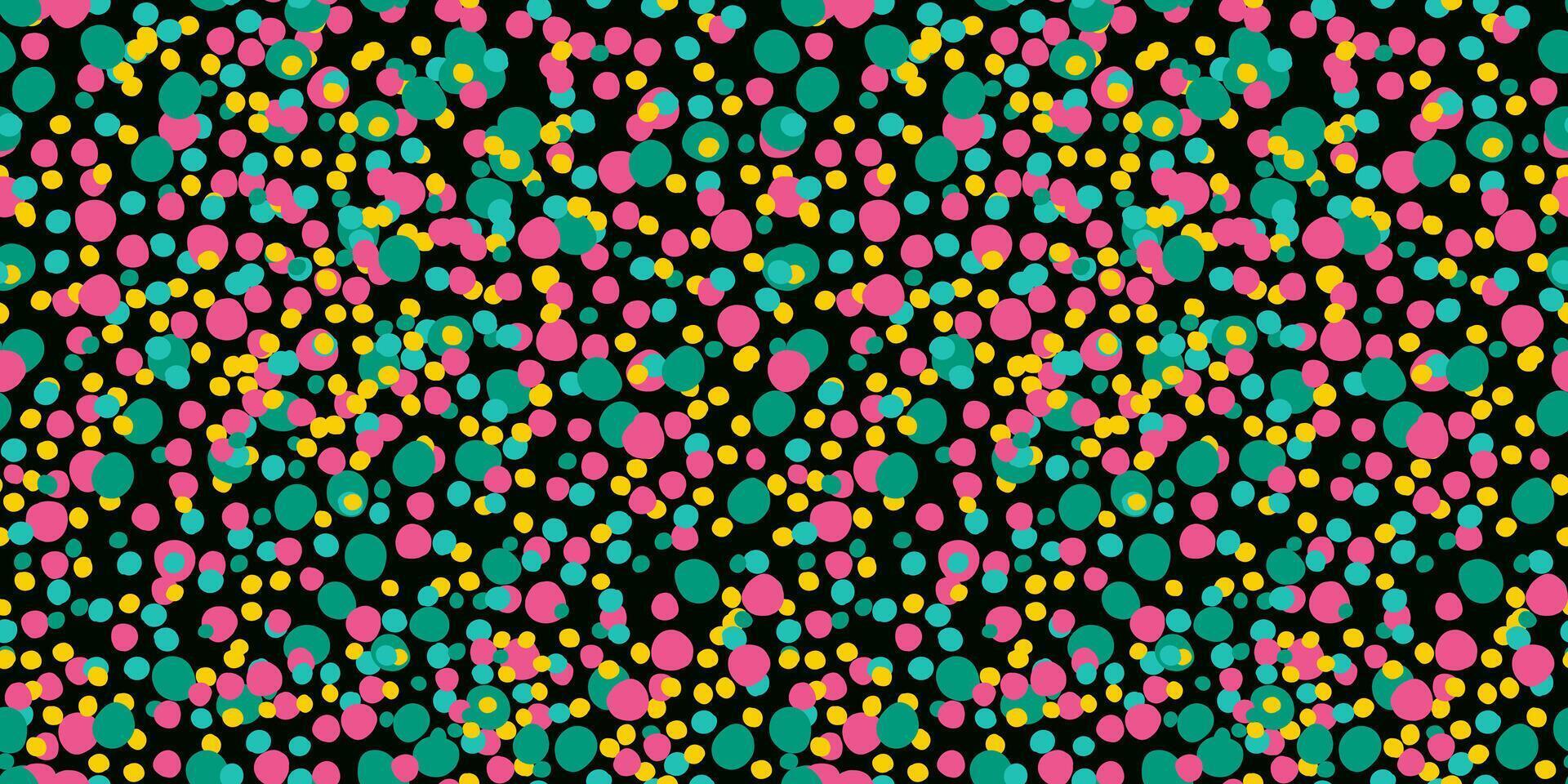 Seamless colorful abstract dot pattern with bright pink, turquoise and yellow circles on a black background for playful aesthetic modern web designs vector