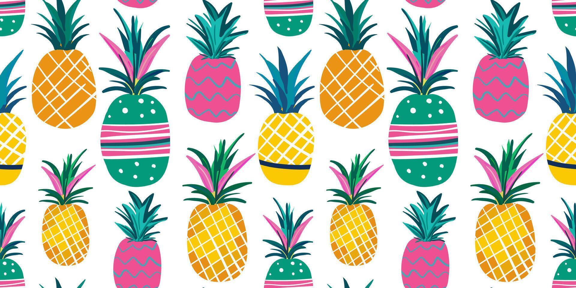 seamless pattern multicolored pink yellow turquoise neon painted pineapples for web design decorations textiles white isolated background vector