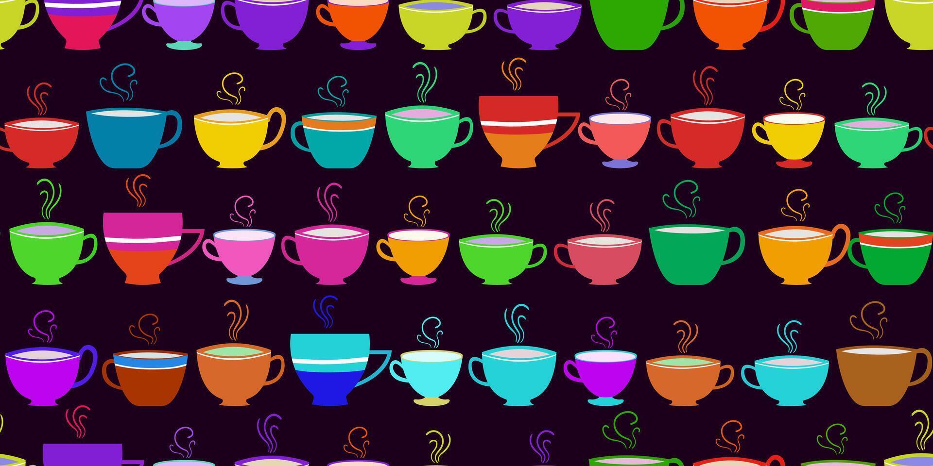 Seamless pattern with multicolored bright coffee tea cups on a purple background for fabric wallpaper, packaging, kitchen decor and digital web design vector