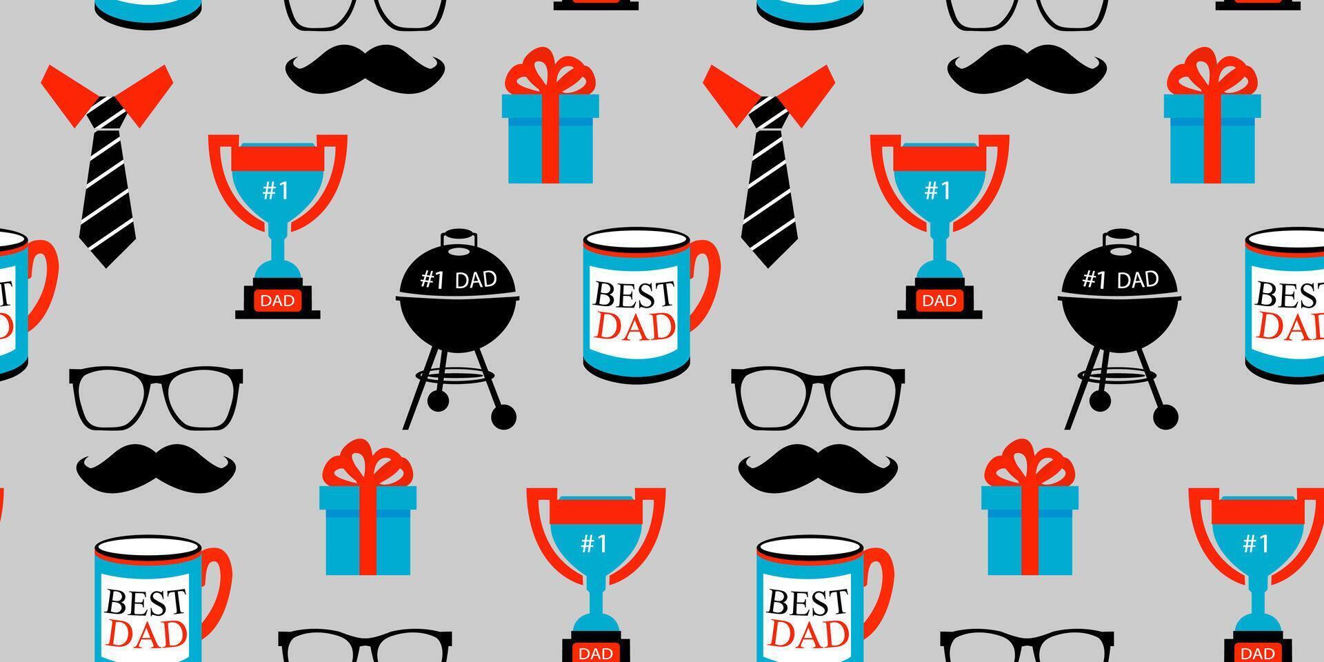 Seamless Father's Day Pattern with Trophies, Gifts, Mugs, Mustaches, Ties, and Grills in a Modern and Playful Design on a Gray Background vector