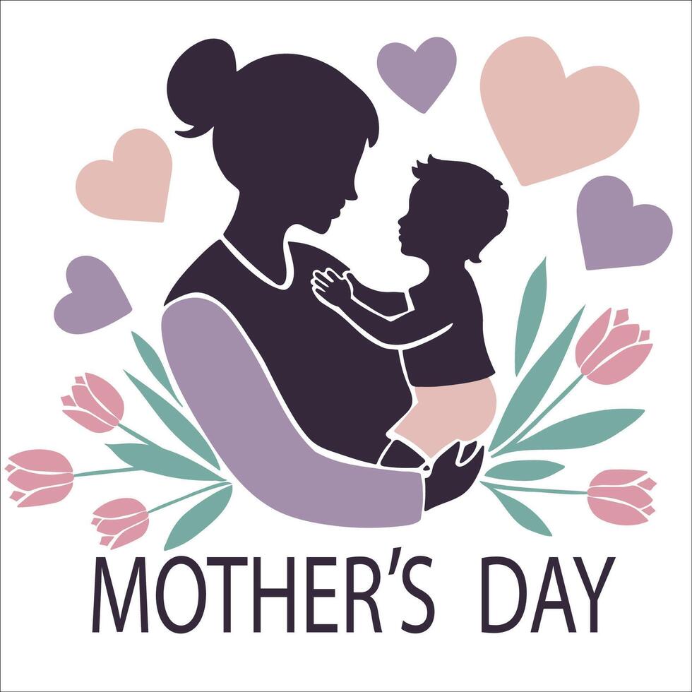 Elegant Mother Day illustration featuring a loving mother holding her child, surrounded by hearts, tulips, and a warm, celebratory message vector