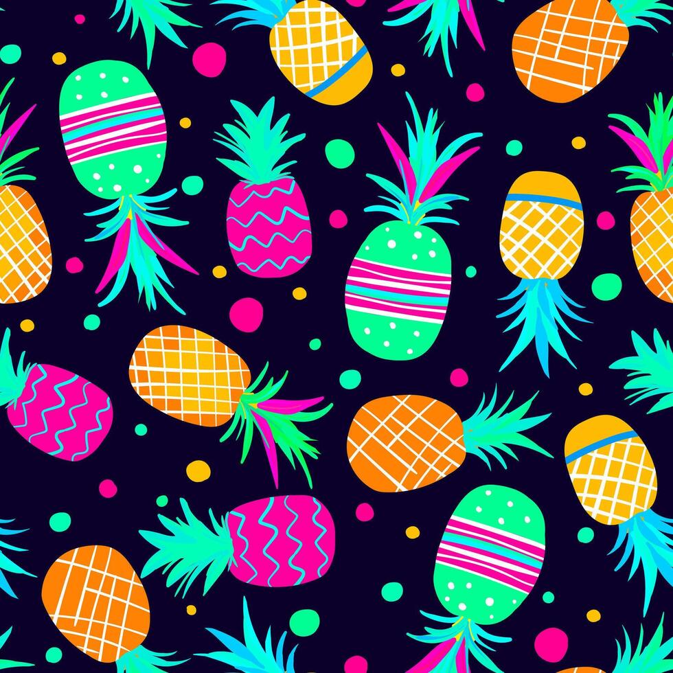 bright seamless pattern multicolored pink yellow turquoise neon painted pineapples with colored polka dots, confetti, for web design decorations textile dark background vector