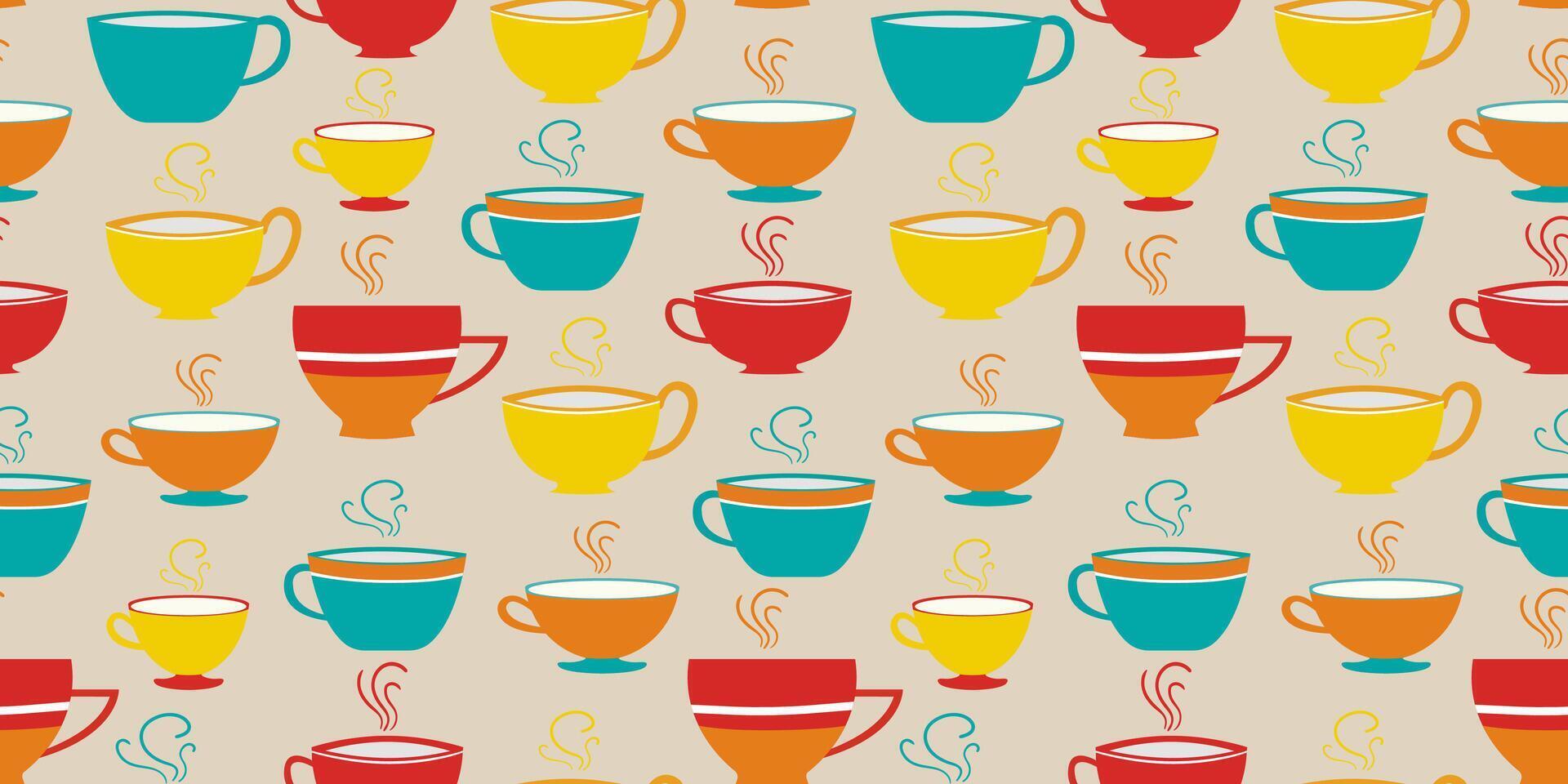 Seamless pattern with red yellow blue painted tea cups coffee background, perfect for fabric, wallpaper, packaging, kitchen decor and digital web design vector