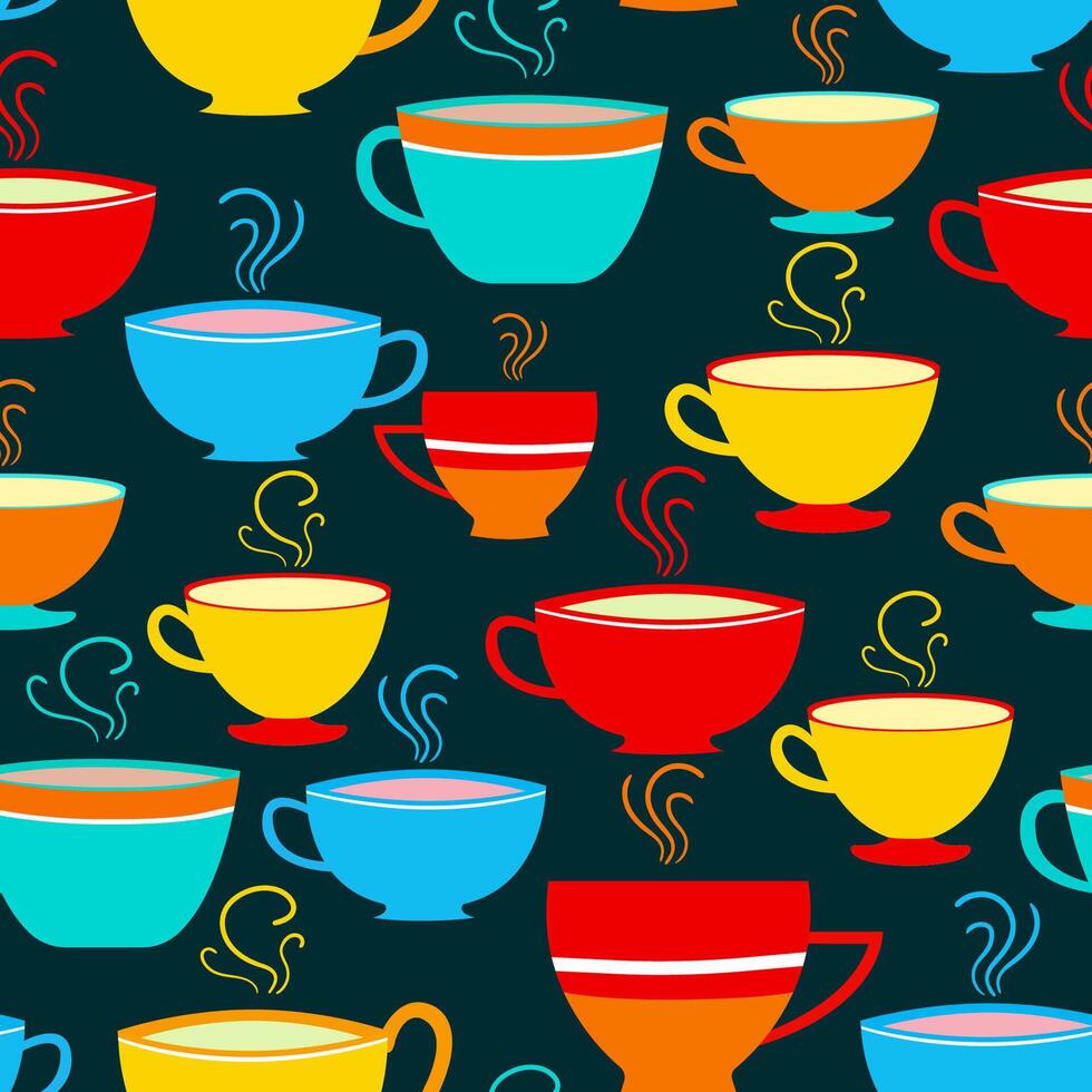 Seamless pattern with red yellow coffee tea cups on a dark blue turquoise background, perfect for fabric, wallpaper, packaging, kitchen decor and digital web design vector