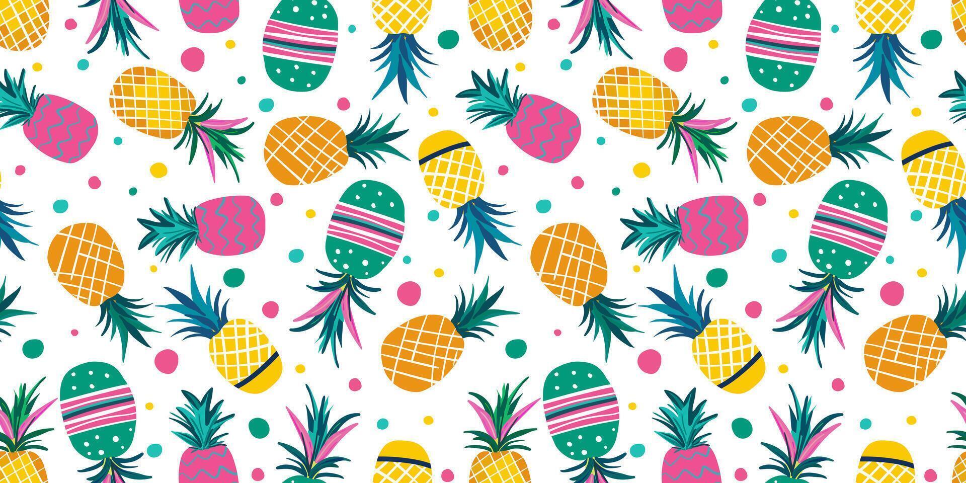 bright seamless pattern multicolored pink yellow turquoise neon painted pineapples with colored polka dots, confetti, for web design decorations textile white isolated background vector