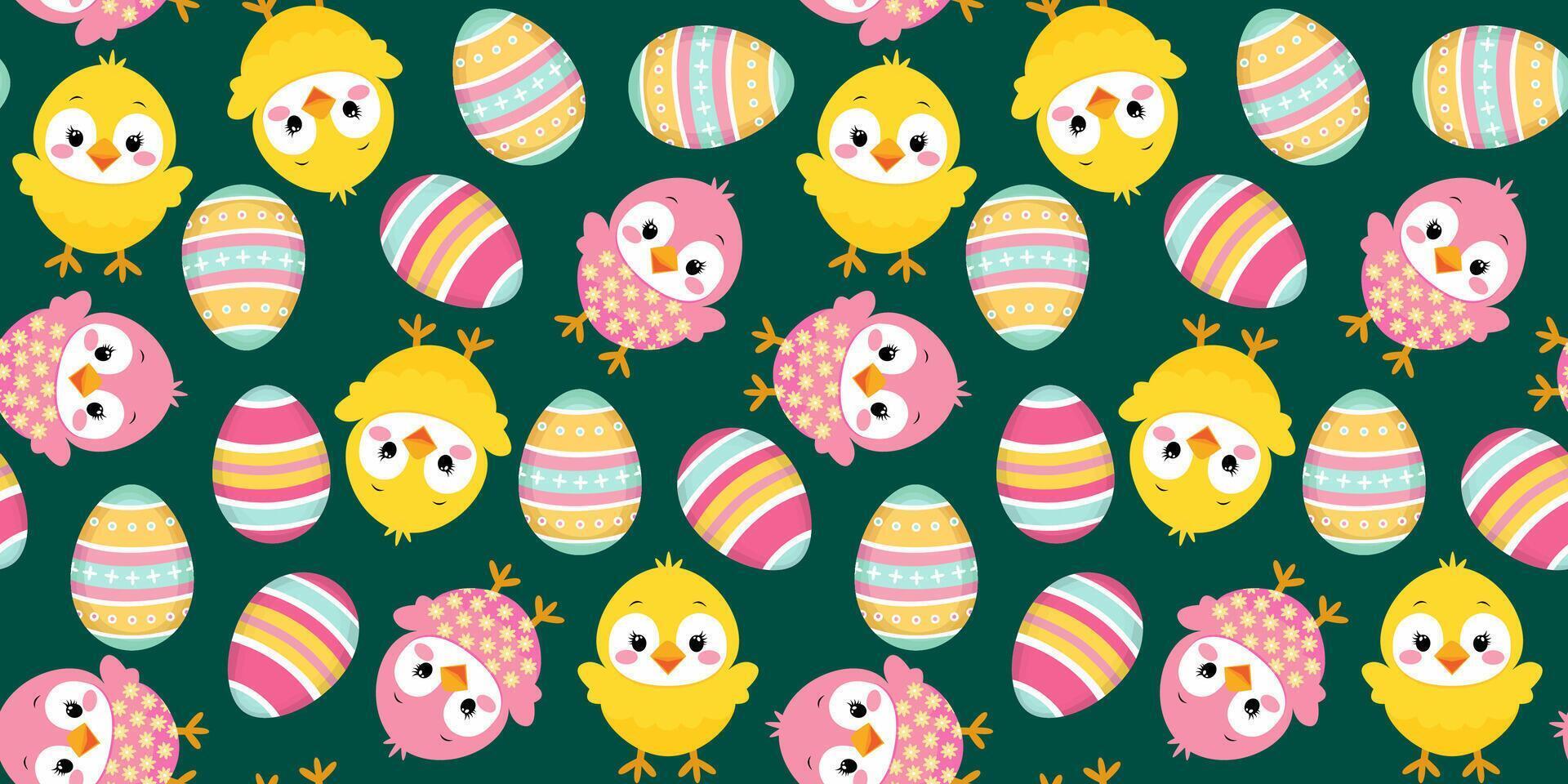 seamless Easter pattern with pink and yellow chickens and bright Easter eggs on a dark green emerald background, spring design for cards decorations textile paper vector