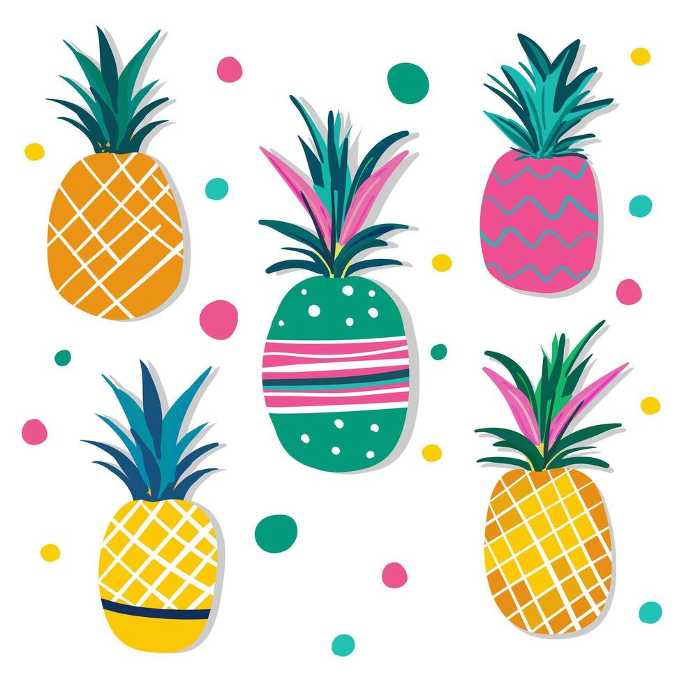 bright individual isolated multicolored neon painted pineapples with polka dot color, confetti for web design textile decoration vector