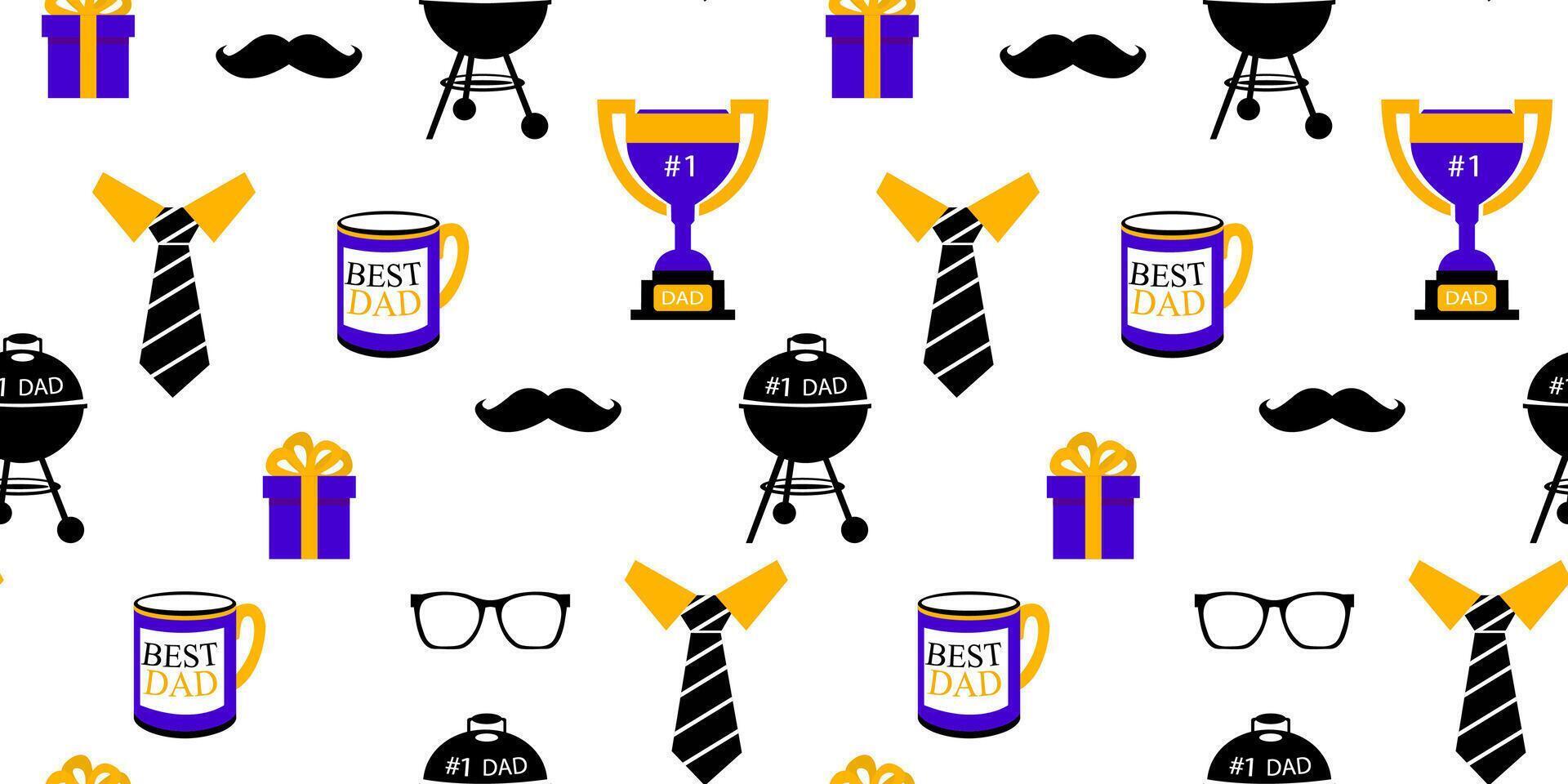 Seamless Father's Day pattern for man with prizes, gifts, mugs, mustache, glasses ties and grill in modern playful design on white background for web decor textile vector