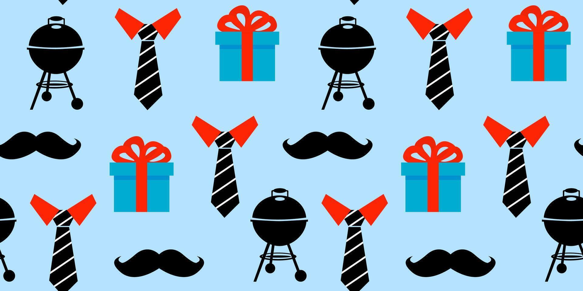 modern seamless pattern for man with gifts mustache ties and grill in modern playful design on blue background for textile web decorations father's day vector