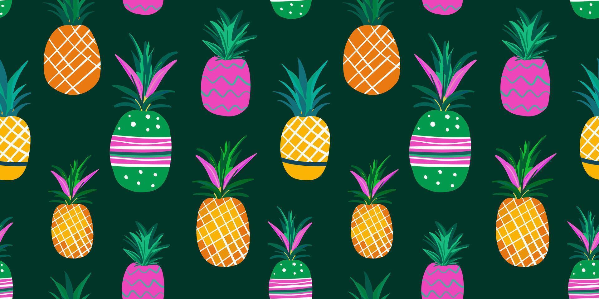 modern seamless pattern multicolored doodle-style painted pineapples for web design decoration textile isolated dark green emerald background tropical summer vector