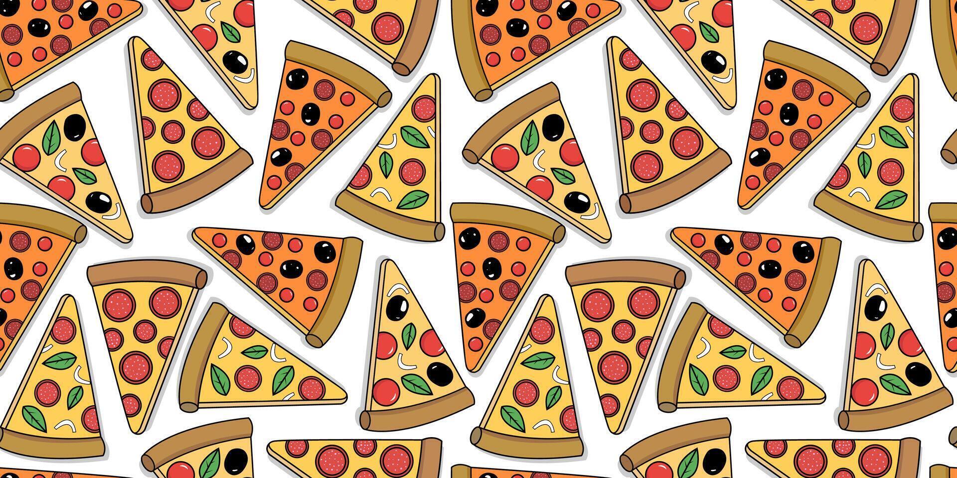 seamless pattern of different types of pizza slices on a white background for web textile or paper design menu cafe vector