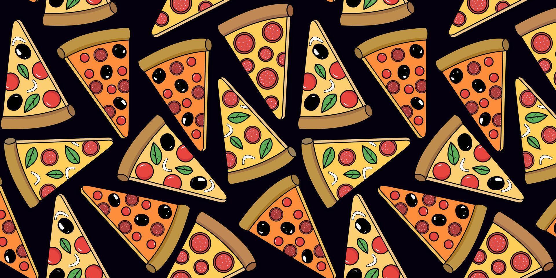 seamless pattern of different pizza slices on a black dark background for web textile or paper design vector
